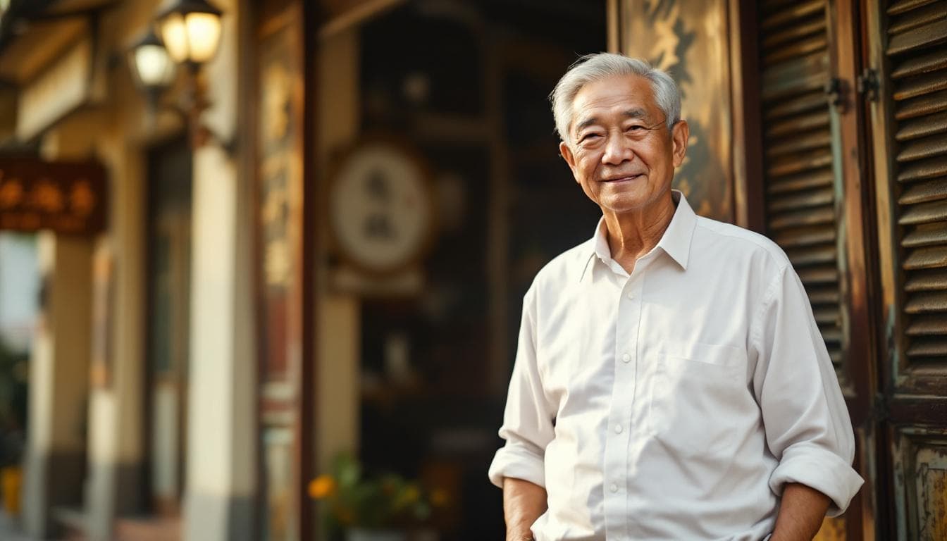 Family business owner standing in shophouse doorway